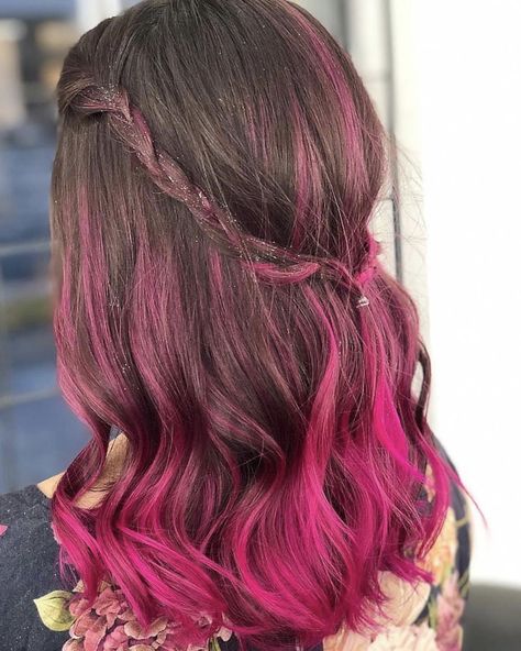 Brown Hair Pink Ends, Brown To Pink Ombre Hair, Ombre Hair Pink, Abby Aesthetic, Brown And Pink Hair, Raspberry Hair, Pink Hair Streaks, Indian Hair Cuts, Medium Length Brown Hair