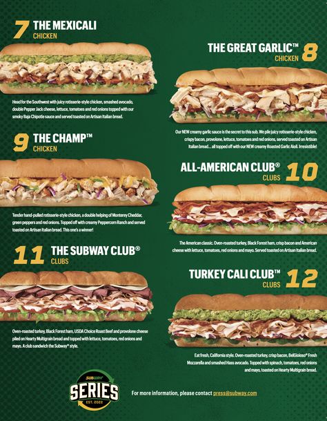 Subway Sandwich Recipe, Roasted Garlic Aioli, Sandwich Menu, Subway Sandwich, Subway Series, American Foods, Creamy Garlic Sauce, Breakfast Burger, Fast Food Menu