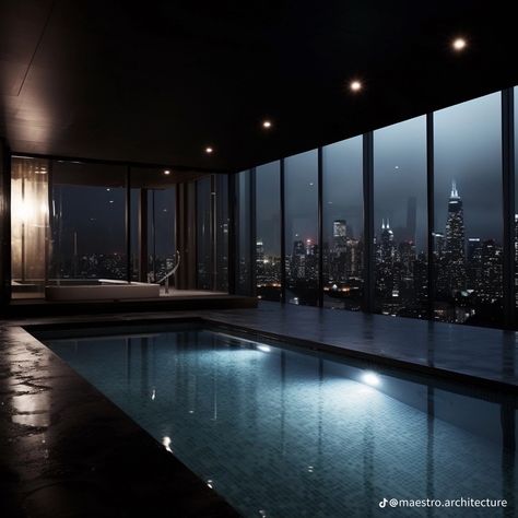 Pool Dark Aesthetic, Dark Penthouse, Mob Aesthetic, Black Luxury House, Dark House Aesthetic, Mafia House Aesthetic, Penthouse Aesthetic, Devil In Disguise, Mansion Aesthetic