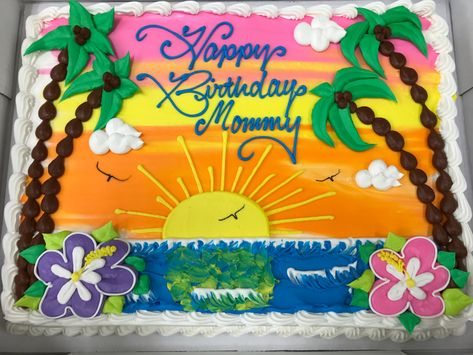 Hawaiian Theme Cakes, Hawaiian Birthday Cakes, Retirement Party Cakes, Sheet Cakes Decorated, Luau Party Food, Hawaiian Cake, Beach Themed Cakes, Sheet Cake Designs, Birthday Sheet Cakes