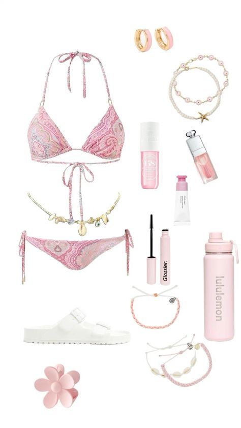 Polyvore Beach Bikinis, Holiday Outfits Summer Beach Bikinis, Holiday Fits Summer, Swimsuit Inspo Summer, Fancy Beach Outfit, Cute Beach Fits, Holiday Outfits Summer Beach, Summer Outfits For The Beach, Pink Beach Outfit