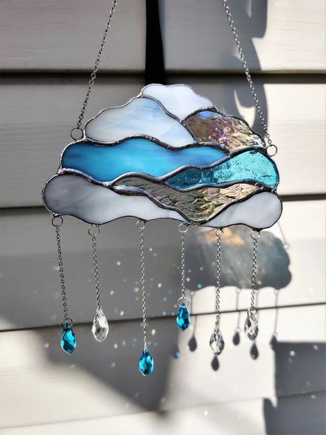 Rain Cloud Crystal Suncatcher Window Hangings Stained Glass | Etsy Russia Beaded Cloud, Tiffany Glass Art, Valentines Day Gifts For Friends, Suncatcher Window, Crystal Suncatcher, Rain Cloud, Cloud Art, Tiffany Glass, Stained Glass Diy