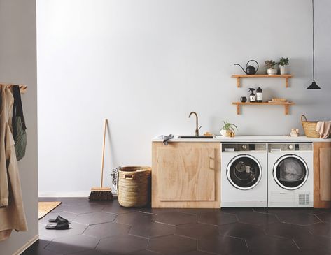 Laundry Room Decor Modern, Plywood Laundry, Modern Laundry Room, Laundry Room Designs, Laundry Room Rug, Modern Laundry, Laminate Counter, Modern Laundry Rooms, Plywood Cabinets