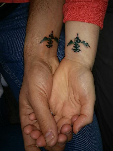 Oregon themed tattoo. #douglasfir #mountains #oregon #matchingtattoos Outdoor Couple Tattoos, Pnw Tattoo Oregon, Oregon Tattoo Ideas, Outdoor Tattoos, Bestie Tats, Outdoor Tattoo, Oregon Tattoo, Couple Tattoo Ideas, A Tattoos