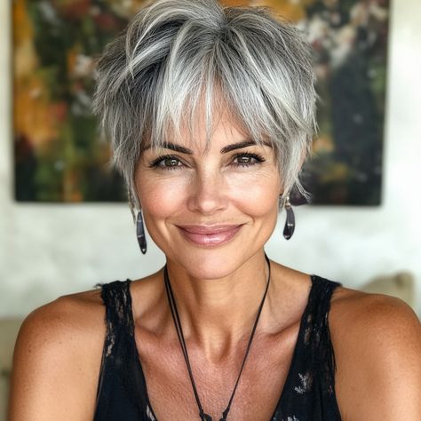 capecod8999 A pretty 45 year old woman with Choppy Gray Pixie f3bb663e 98db 4891 8782 0ea90045ed96 2 Short Pixie Haircuts Grey Hair, Gray Undercut Pixie, Pixie Long Layers, Short Choppy Grey Hair, Messy Pixie With Bangs, Shorter Haircuts For Fine Hair, Lowlights On White Grey Hair, Playful Pixie Haircut, Center Part Pixie