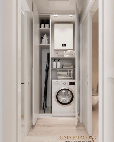 Boiler And Washing Machine Cupboard, Laundry In Balcony Ideas, Micro Laundry Room, Tiny Bathroom Laundry, Washing Machine Cabinet Ideas, Washing Machine Closet, Laundry Room Dimensions, Gaia Miacola, Laundry Cupboard