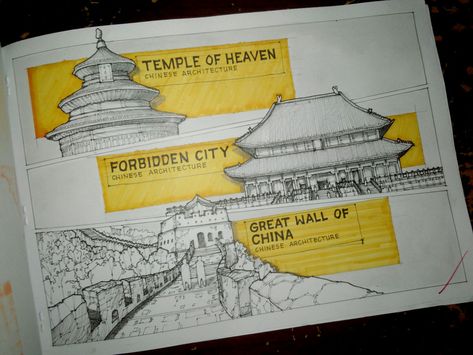 Great Wall Of China Drawing Sketch, Great Wall Of China Sketch, Temple Of Heaven Drawing, Design Journal Architecture, Forbidden City Drawing, Great Wall Of China Drawing, History Drawings Ideas, Plates Architecture, Architecture Plates