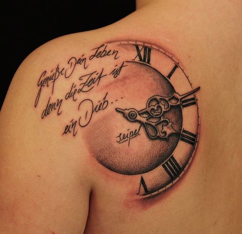 tattoos with clocks | Tattoo-Clock-Robert-Franke-Vicious-Circle | Flickr - Photo Sharing! Clock Face Tattoo, Tato Jam, Time Clock Tattoo, Tattoos Masculinas, Roman Numeral Tattoos, Clock Tattoo Design, Men Tattoos, Watch Tattoos, Shoulder Tattoos