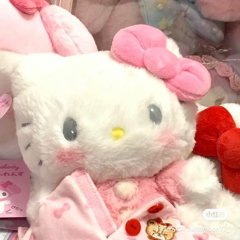 Hello Kitty Teddy Bear, Hello Kitty Plushies Aesthetic, Hello Kitty Plushie Icon, Sanrio Plush Aesthetic, Hello Kitty Aesthetic Plushies, Pink Hello Kitty Plush, Pink Hello Kitty Plushies, Hello Kitty Bedroom, Hello Kitty Accessories