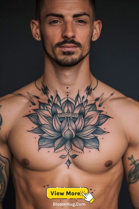 A geometric sunflower mandala on the chest, blending organic shapes with detailed linework for a modern look. Mandala Tattoo Design For Men, Tattoo For Men Ideas, Mandala Chest Tattoo, Geometric Sunflower, Mandala Tattoo Men, Sunflower Mandala, Geometric Tattoos, Tattoo Collection, Mandala Tattoo Design