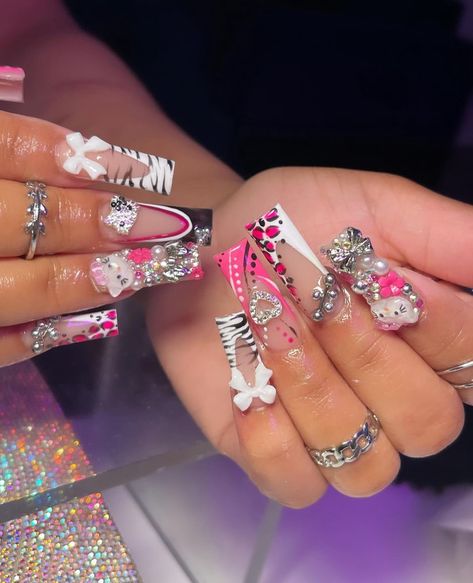 Hot Pink Junk Nails, Junk Nails Bling, Pink Junk Nails, Junk Nails, Acrylic Nail Set, Punk Nails, Hard Nails, Long Acrylic Nail Designs, Colored Acrylic Nails