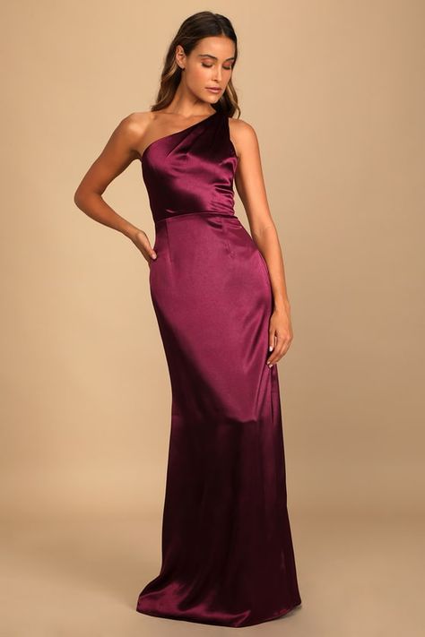 Feel like a VIP when you show up in the Lulus On the Guest List Burgundy Satin One-Shoulder Maxi Dress! Sleek stretch-woven satin shapes this glam dress that has a wide strap, a one-shoulder neckline, and a lightly pleated bodice. A high waist tops a full maxi skirt for a regal finish. The open back is accented with two wide straps. Hidden back zipper/clasp. Fit: This garment fits true to size. Length: Floor length. Size medium measures 61.5" from shoulder to hem. Bust: Great for any cup size. W The Guest List, Glam Dress, Burgundy Maxi Dress, Gala Dress, Full Maxi Skirt, July Wedding, Lulus Dresses, Inverted Triangle, Deep Winter