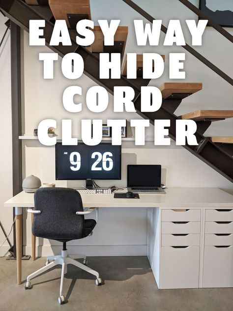 Easy way to hide computer cords and cables at your home office. Simple DIY project that hides the clutter. Hide Cables Desk Home Office, How To Hide Computer Cords On Desk, Desk Cord Organization, Computer Cable Management, Hide Computer Cords, Hiding Cords, Hide Electrical Cords, Ikea Computer Desk, Hide Router