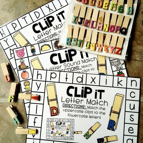 Clothes Pin Letter Matching, Alphabet Clothespin Activities, Fine Motor Boxes, Kindergarten Alphabet Activities, Alphabet Clip Cards, Letter Learning Activities, Toddler Curriculum, Literacy Centers Kindergarten, Transitional Kindergarten