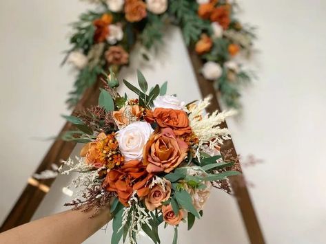 Rust And Sage Green Wedding, Pampas Bouquet, Orange Bridal Bouquet, Orange Wedding Bouquet, Silk Flower Wedding Bouquet, Silk Flower Wedding, White Pampas, Flower Wedding Bouquet, Floral Arch Wedding