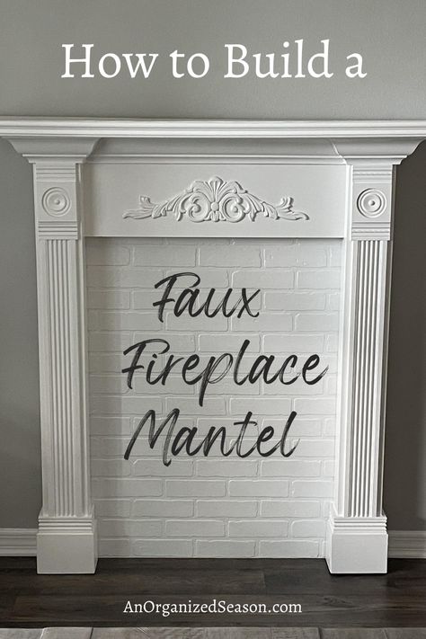 Fireplace Mantle Without Fireplace, Mantle Pieces Fireplace, Faux Mantle In Bedroom, Build Faux Fireplace Diy, Diy Vintage Mantle, How To Make A Fireplace Surround, Diy Victorian Fireplace, Making A Fireplace Mantle, How To Build A Faux Fireplace