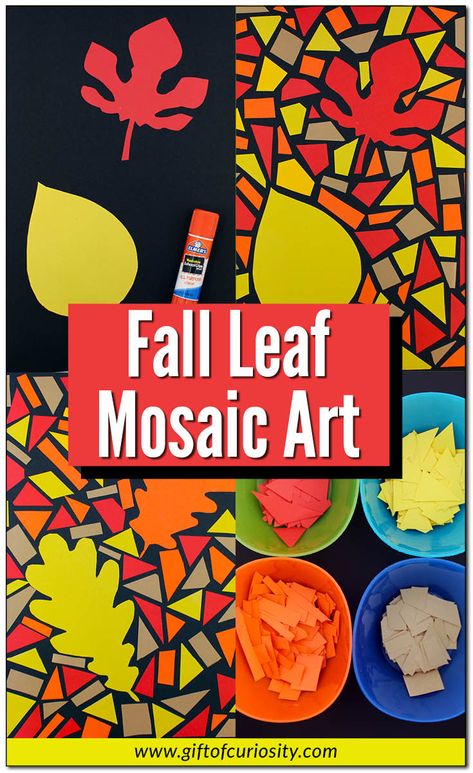 Learn how to create this beautiful fall leaf mosaic art by swapping tiles for colored paper. This is a wonderful and authentic fine motor activity as well as a fantastic fall art project. #fall #autumn #artsandcrafts #fallleaves #leaves #giftofcuriosity || Gift of Curiosity Mosaic Fall Leaves, Autumn Art For Kindergarten, Fall Reflections Art Project, Fall Leaf Mosaic Art, Fall Art Projects Grade 1, 2nd Grade Mosaic Art, Grade 2 Fall Art Ideas, Fall Art Classroom, Fall Themed Art Projects Elementary