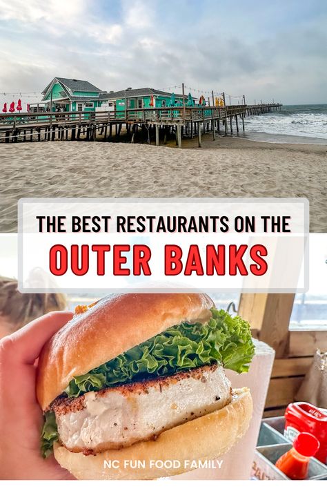 Planning a trip to the Outer Banks of North Carolina? Not sure where to go for great food? We've got you covered! Checkout this list of our favorite restaurants on the Outer Banks, specifically Nags Head, NC and Kitty Hawk, NC. From seafood to burgers, ice cream to milkshakes and everything in between! | Dinner Ideas | OBX | Best Outer Banks Restaurants | Nags Head, NC Restaurants | Things to do in the Outer Banks, NC | Beach Aesthetic | North Carolina Seafood | Restaurants With A View | Obx Food, Grilled Crab Cakes, Outer Banks Restaurants, Outer Banks North Carolina Vacation, Kitty Hawk North Carolina, Nags Head North Carolina, Myrtle Beach Trip, Sunset Restaurant, Nc Beaches