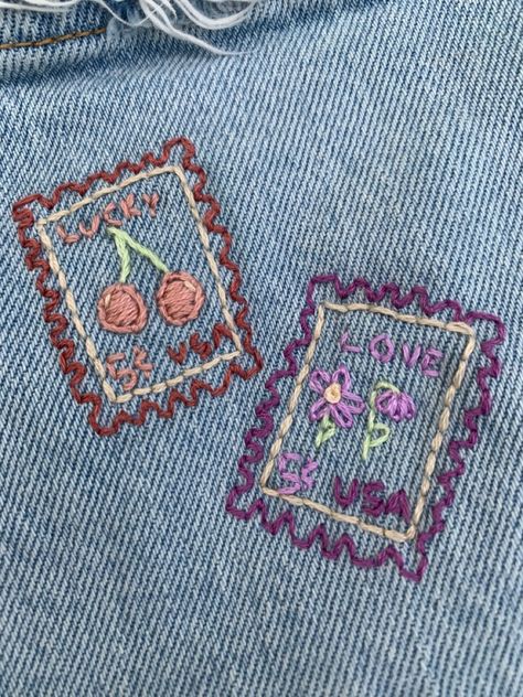 Embroidered Postage Stamp, Postage Stamp Embroidery, Things To Make With Old Clothes, Embroidery Inspo Aesthetic, Funky Embroidery Designs, Pants Embroidery Ideas, Patchwork Clothes Diy Ideas, Embroidery Clothes Ideas, Clothing Embroidery Ideas