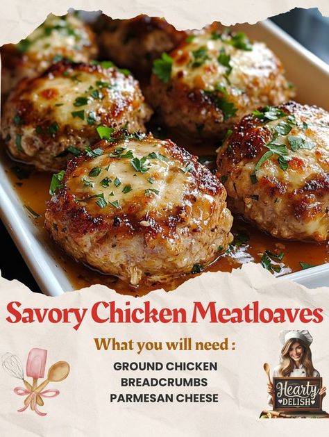 Hearty Delish | Ever feel like meatloaf could use a bit of an upgrade | Facebook Chicken Meatloaf Muffins, Chicken Meatloaf Recipes, Ground Chicken Meatloaf, Chicken Meatloaf Recipe, Meatloaf Sauce, Chicken Meatloaf, Meatloaf Muffins, Garlic Parmesan Chicken, Parmesan Chicken