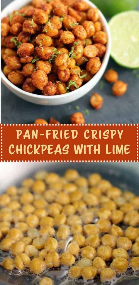 Pan-Fried Crispy Chickpeas with Lime - Pan-fried chickpeas that are crisp on the outside and creamy inside. These are great on their own as a snack, or topped with yogurt as vegetarian a side dish. Crispy Chickpeas, Chickpea Recipes, Cooked Veggies, Roasted Chickpeas, Bean Recipes, Yummy Sides, Vegan Dinners, Chickpeas, Side Dish Recipes