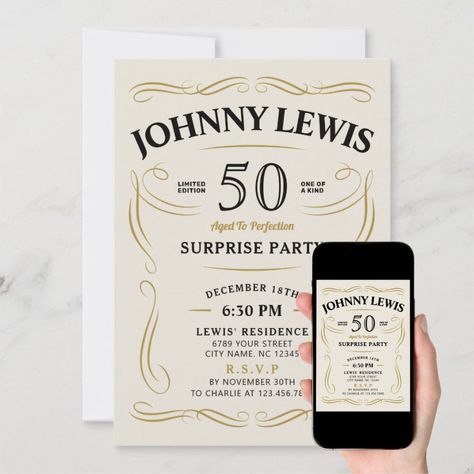 Any Age Whiskey themed surprise 50th birthday Invitation  Zazzle 50 Birthday Invitations, 50th Birthday Invites For Men, Birthday Party Invitations For Men, Surprise 50th, Surprise Party Invitations, 50th Birthday Invitation, Aged Whiskey, Surprise Birthday Invitations, Whiskey Label