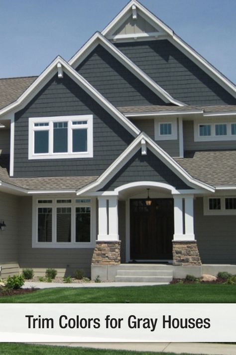 With Gray siding growing in popularity, make a bold visual statement and lighten up your bold look with crisp white trim. #exteriordesign #curbappeal #sidingideas #exteriorideas #homeexterior #exteriorcolor #trimcolor #sidingcolor #homeexterior #exteriorcolor #jameshardie #hardiesiding #hardieplank Dark Gray Siding With White Trim, Dark Grey Vinyl Siding, Tin Roof House, Gray Houses, Hardy Board, Dark Grey Houses, Gray Siding, Brick Ideas, Hardie Board