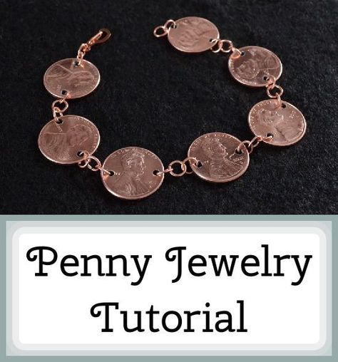 Tutorial for a bracelet made from US pennies; one could obviously use other coinage also. howto, make-bracelet, make-jewellery, tool-drill, use-coins Penny Crafts, Penny Jewelry, Coin Crafts, Silver Smithing, Instant Money, Coin Bracelet, Adult Crafts, Handmade Wire Jewelry, Button Crafts