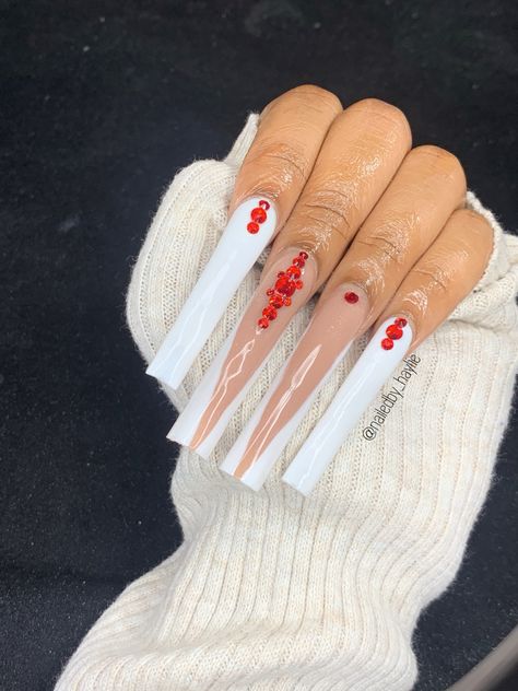 Long White Nails, Acrylic Nail Designs Coffin, Long Red Nails, Red And White Nails, Red Acrylic Nails, Long Acrylic Nail Designs, Drip Nails, White Acrylic Nails, Glow Nails