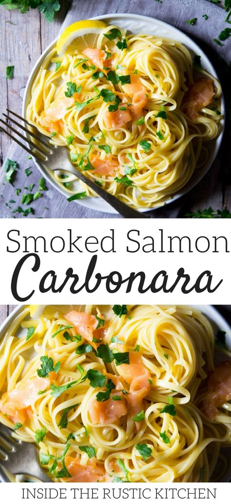 Smoked Salmon Pasta Carbonara Recipe. A healthy recipe made with no cream and all made in one pot! It's extremely easy to make and is ready in 10 minutes or less. A great weeknight dinner idea that you've got to try! Recipe includes step by step photos. #Italianfood #Pastarecipes #salmonpasta #carbonararecipes #healthypastarecipes #healthypasta #pastanocream via @InsideTRK Smoked Salmon Carbonara, Smoked Salmon Pasta, Pasta Carbonara Recipe, Easy Pasta Sauce, Smoked Salmon Recipes, Healthy Salmon Recipes, Carbonara Recipe, Salmon Pasta, Pasta Carbonara