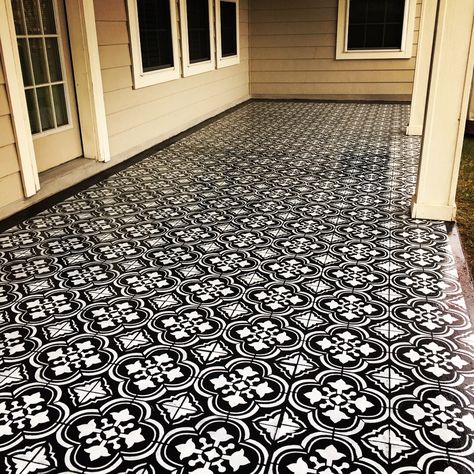 Black Painted Front Porch Floor, Stenciled Front Porch Concrete, Painted Patio Concrete, Front Porch Stencil Concrete Floors, Painted Concrete Patio Stencil, Black And White Stenciled Concrete Patio, Stenciled Porch, Black Stained Concrete, Stained Concrete Patio