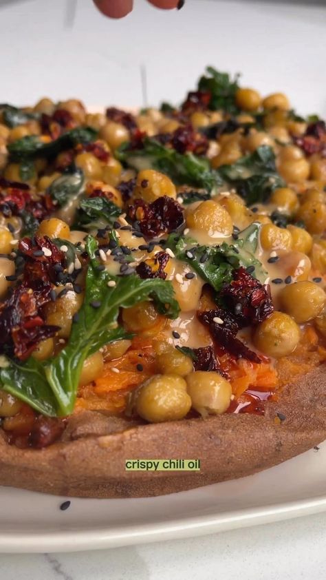 Sweet Potatoes With Tahini Butter Chickpeas The messy mix of tahini, chilli crunch and crispy chickpeas over soft sweet potatoes is divine… | Instagram