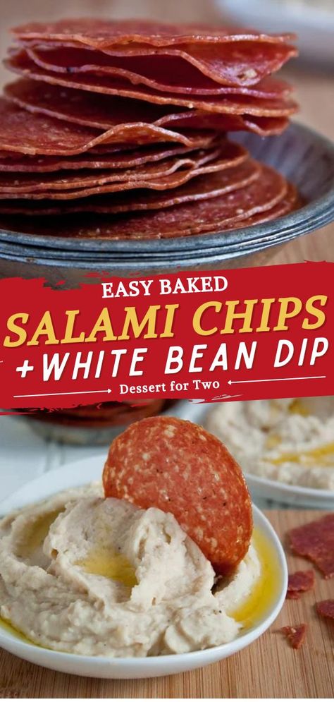 Salami Chips + White Bean Dip, game day food ideas, super bowl menu Meat Chips, Baked Salami, How To Make Salami, Salami Chips, Bbq Diy, White Bean Hummus, Bean Hummus, Batch Recipes, White Bean Dip