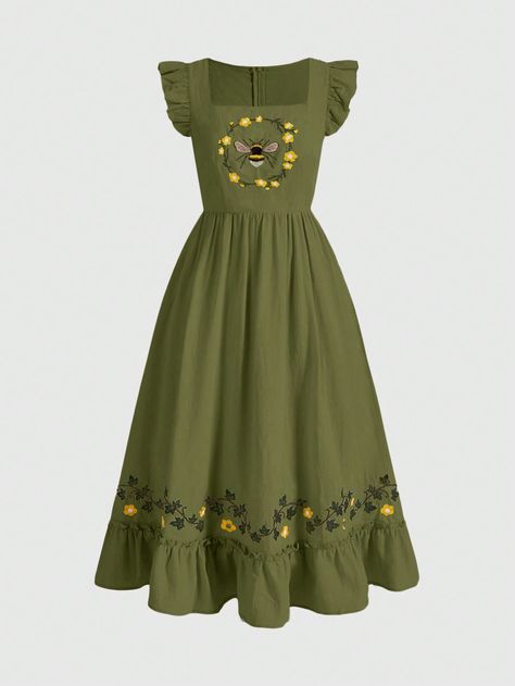 ROMWE Fairycore Women's Cottagecore Bee Embroidery Short Sleeved Cap Sleeve Dress, Vintage StyleI discovered amazing products on SHEIN.com, come check them out! Long Sleeve Green Dress Casual, Cute Dress Cottagecore, Green Cottage Core Dress, Bee Cottagecore, Pretty Casual Dresses, Simple Vintage Dress, Bee Clothes, Green Vintage Dress, Cottagecore Fashion Dresses