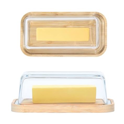 GREELUE Butter dish with lid for countertop and refrigerator, Butter container for West/East Coast Butter, Butter Keeper (Glass) Butter Holder, Butter Container, Refrigerator Kitchen, Bamboo Dishes, Butter Keeper, West East, Wooden Board, Kitchen Counter, Butter Dish