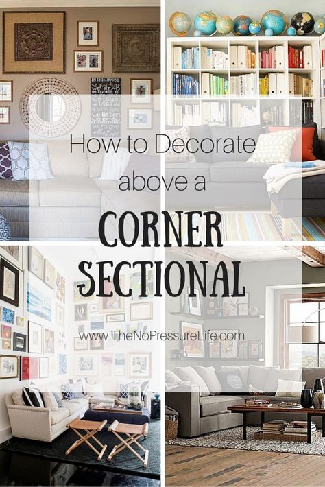 Corner sectionals are sometimes hard to decorate. Get these great tips for how to decorate above a corner sectional, plus see how a little dining room was transformed into a cozy TV room! Cozy Tv Room, Behind Couch Decor, Wall Behind Couch, Tuscan Wall Decor, Corner Gallery Wall, Corner Wall Decor, Couch Wall Decor, Sofa Wall Decor, Family Room Walls