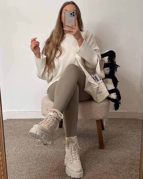 @shannonrozfashion shared a photo on Instagram: “Off white. Taupe. Biscuit. Beige. If it’s neutral il be wearing it 🙃 @weareanotherversion leggings @silkmaison cashmere top*pr…” • Nov 10, 2021 at 8:20am UTC White Cold Outfits, Chunky Leather Boots Outfit, Cream Lace Up Boots Outfit, Ankle Length Boots Outfits, Beige Lace Up Boots Outfit, Look Boots Beige, Winter Beige Outfit, Chunky Lace Up Boots Outfit, Outfit With Beige Boots