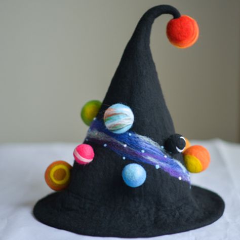 Handmade felted needle felted galaxy witch wool Hat Halloween costume witch costume Handmade Felt Hats, Hat Halloween Costume, Felt Witch Hat, Crazy Hat Day, Baby Kostüm, Hat Day, Witch Hats, Witch Halloween Costume, Crazy Hats