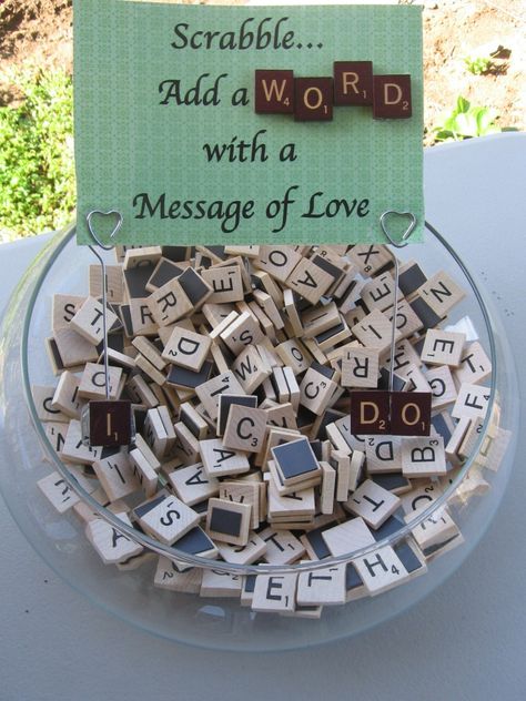 For my daughter's  wedding  we wanted to do something special to highlight the theme of the bohemian-style event. We titled the wedding "Wor... Scrabble Wedding, Board Game Wedding, Engagement Games, Engagement Party Games, Scrabble Words, Unusual Weddings, Beer Cheese, Game Party, Wedding Activities