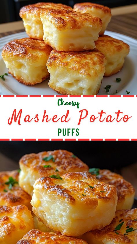 Easy Dinner Recipes: Cheesy Mashed Potato Puffs Golden Cheesy Mashed Potato Puffs, Easy Party Potatoes Recipe, Cheesy Mash Potatoe Puffs, Mashed Potato Casserole Recipes Easy, Cheesy Mash Potato Puffs, Mashed Potato Breakfast Casserole, Creamy Potato Puffs, Mash Potato Cheese Puffs, Crispy Cheese Potatoes