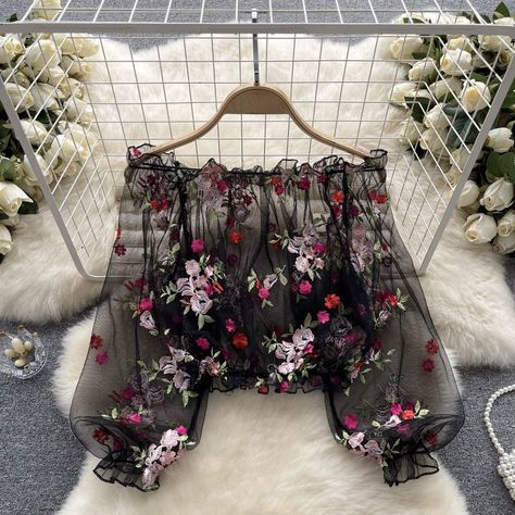 SINGREINY Mesh Embroidery Sheer Blouse Fashion Slash Neck Loose Puff Sleeve Tops Short Smock Streetwear Lace Y2K Summer Blouses - AliExpress Blouse Dress Pattern, Puff Sleeve Tops, Lace Y2k, Mesh Embroidery, Party Blouse, Sheer Floral Blouse, Princess Sleeves, Y2k Summer, Blouse Models