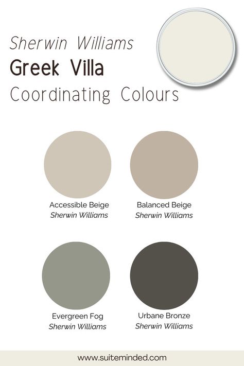 Being a warm rather bright white, Greek Villa is quite versatile and can be paired with many colours. For a soft, neutral look, pair it with warm greige or beige tones, like Sherwin Williams Accessible Beige SW 7036 or Balanced Beige SW 7037. For more contrast, deep, rich colors like Sherwin Williams Urbane Bronze SW 7048 make a striking pair with Greek Villa. For a pop of colour, try pairing Greek Villa with muted blues and greens like Sherwin Williams Sea Salt SW 6204 or Evergreen Fog SW 9130. Balanced Beige Sherwin Williams, Accessible Beige Sw, Sherwin Williams Urbane Bronze, Urbane Bronze Sherwin Williams, Sherwin Williams Accessible Beige, Greek Villa Sherwin Williams, Greek Villa, Balanced Beige, Sea Salt Sherwin Williams