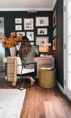 Office Decor Vintage Inspiration, Moody Organic Modern Office, Moody Office Decor Ideas, Nursery And Home Office Combo, Dark Cozy Office Ideas, Office Nook Decor, Moody Multipurpose Room, Office Decor Moody, Gallery Wall Behind Desk