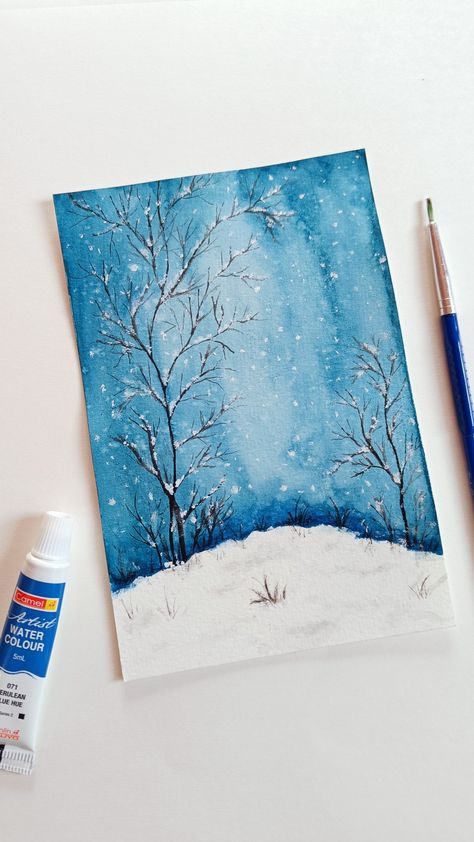 Snow Drawing Easy, Watercolor Christmas Cards Diy, Easy Christmas Drawings, Painted Cards, Winter Landscapes, Winter Landscape Painting, Watercolour Landscape, Creative Landscape, Watercolor Winter