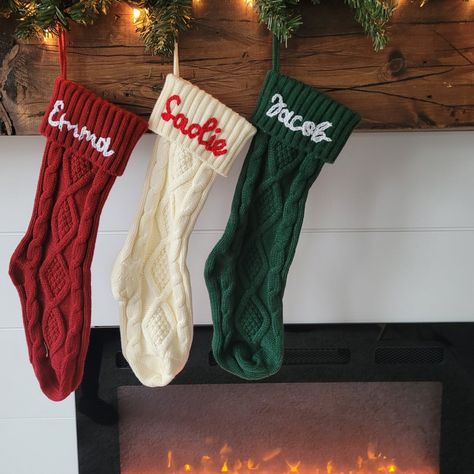 Hand Embroidered Christmas Stockings, Name Stocking, Family Knitted Personalized Christmas Stockings Embroidered Stockings, Stockings With Names, Family Christmas Stockings, Crochet Stocking, Christmas Gift For Family, Stocking Designs, Crochet Christmas Stocking, Small Christmas Gifts, Red Stockings