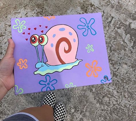 Painting Ideas Easy Simple Love, Kawaii Canvas Painting, Patings Art Ideas, Spongebob Art Painting, Simple Disney Paintings, Cute Love Paintings, Spongebob Painting Ideas, Pink Canvas Art, Spongebob Painting