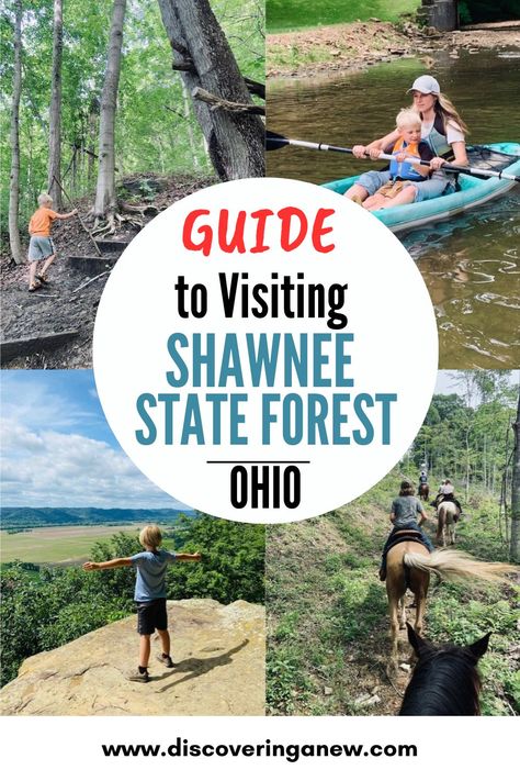 Shawnee State Park has miles of trails, lakes and campgrounds that welcome visitors all over the Midwest. Choose this secluded location in southern Ohio for your next family vacation. Stay overnight at the lodge or cabin. Here is a guide with tips and recommendations for families, kids and dogs visiting the Shawnee State Forest. Enjoy horse backing riding, kayaking and swimming at this lesser known Ohio state park, only 2 hours from major cities of Dayton, Columbus and Cincinnati. Mohican State Park Ohio, Ohio Hiking, Ohio State Parks, Michigan Adventures, Civilian Conservation Corps, Ohio Travel, Best Vacation Destinations, Midwest Travel, The Gorge