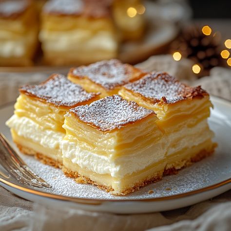 Vanilla Custard Cream Squares - Simply Recipes - Fewer Worries, More Delight Vanilla Custard Desserts, Vanilla Custard Cream Squares, Desserts With Custard, International Dessert Recipes, Custard Pastries, Custard Puff Pastry, Custard Cream Squares, Aesthetic Deserts, Custard Squares