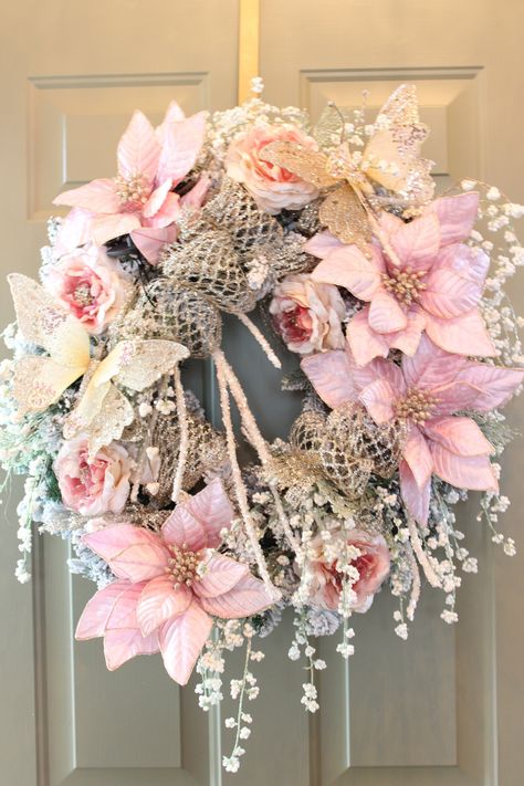 The Glitter Box is pleased to offer this absolutely stunning flocked and glittered Shabby Chic Cottage Christmas Wreath that measures approximately 28 x 28".  I started with a green wreath and loaded it with beautiful frosted branches and berries, pink velvet poinsettias, beautiful designer romantic roses, white glitter sprays, champagne glittered ribbon and glittered butterflies.  This wreath is so dreamy! Pink Candy Christmas Wreath, Pink Poinsettia Wreath, Pink And White Christmas Decor, Shabby Wreath, Elegant Christmas Wreath, Cottage Pink, Pink Christmas Wreath, Butterfly Wreath, Christmas Tree Inspo