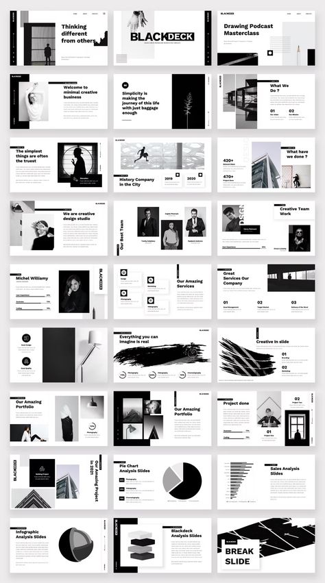 Black White Keynote Template. 40 Unique Slides. Portfolio Design Layout Black And White, Black And White Slides Presentation, Black And White Layout Design, Presentation Minimal Design, Black And White Powerpoint Template, Black And White Ppt Template, Layout Design Black And White, Modern Slide Design, Black And White Presentation Design